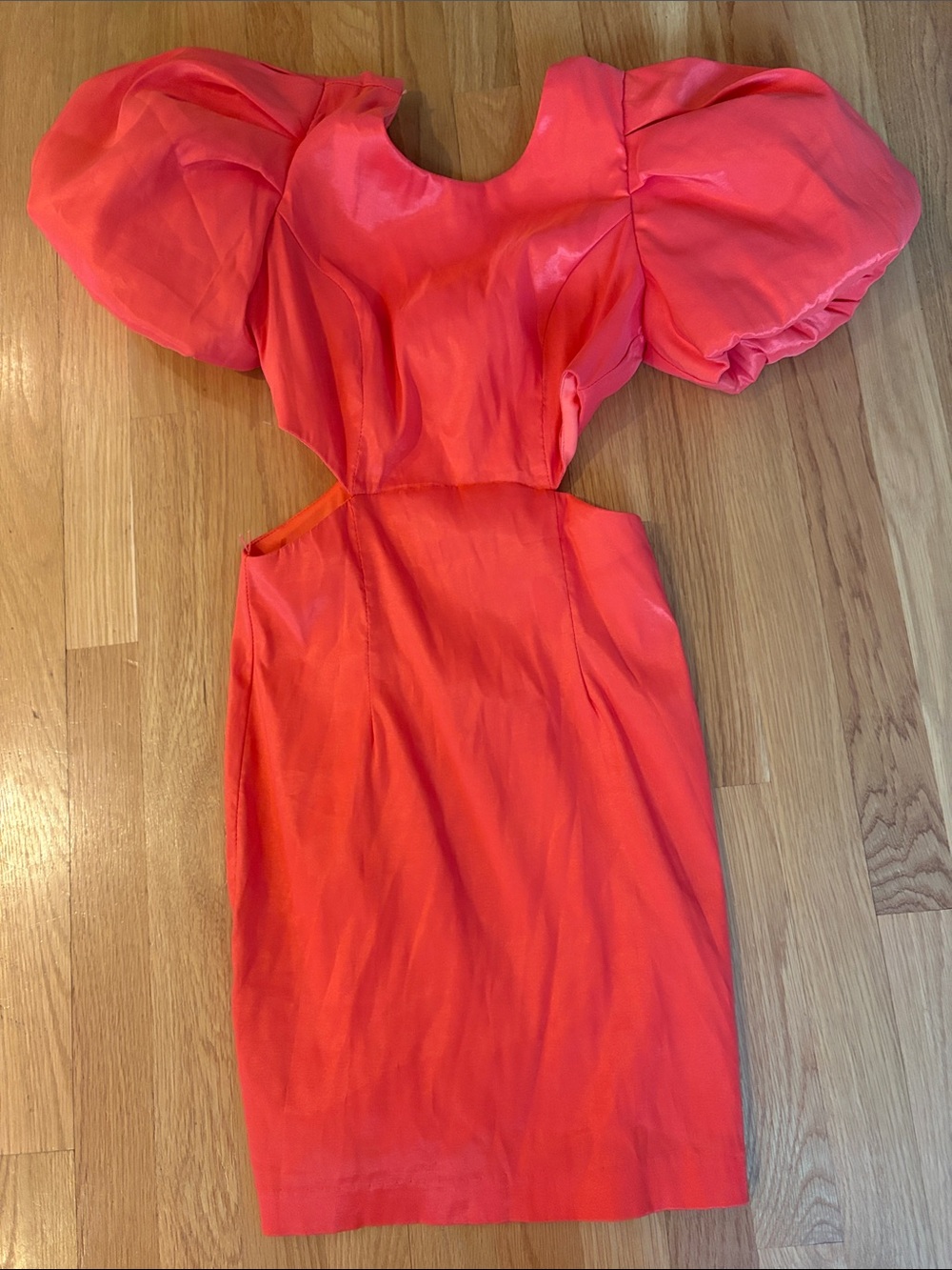 Karlie Bright Coral Puff-Sleeve Cutout Mini Dress